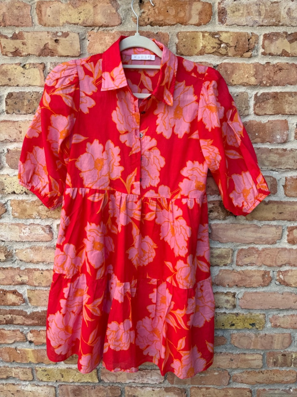 KARLIE Red Floral Button-Front Tiered Mini Dress Size S